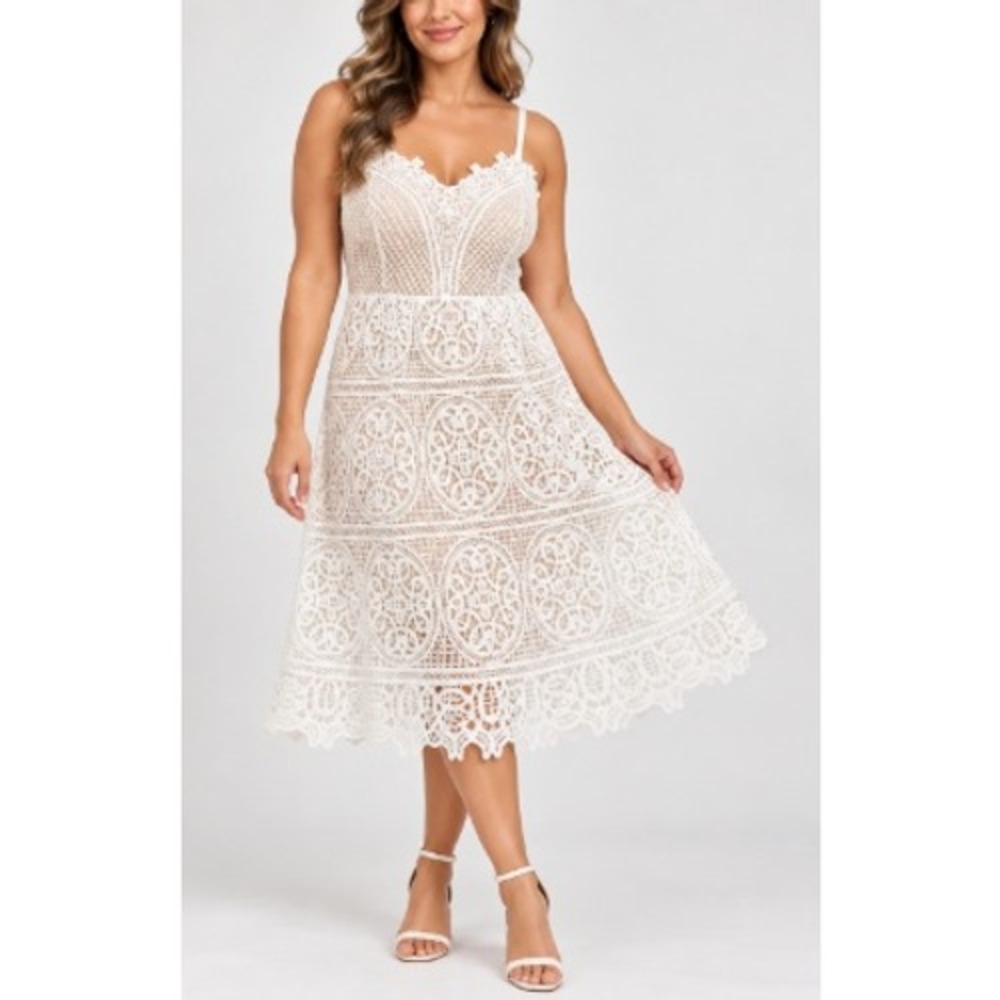 City Chic Womens Ivory White Boho Crochet Lace‎ Fancy Free Midi Dress Size L/20